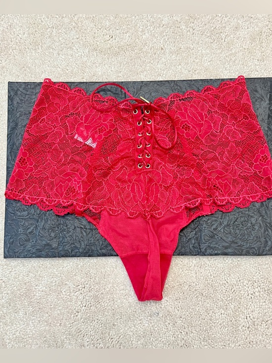 Victoria’s Secret Very Sexy Red Satin Lace Up high Waist Thong Panties Small S - Picture 2 of 6